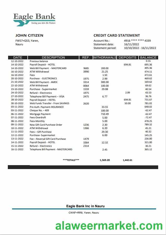 Nauru Eagle Bank statement